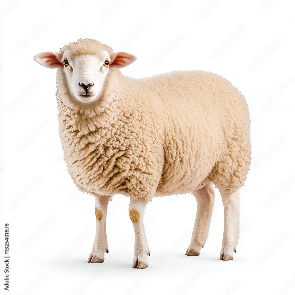 Fototapeta premium Close-up portrait of a fluffy sheep against a pristine white background, showcasing its soft, creamy beige wool and calm demeanor.