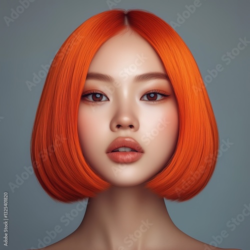 Portrait of a woman of Asian appearance with an orange short haircut