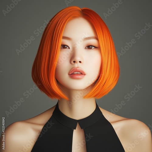 Portrait of a woman of Asian appearance with an orange short haircut