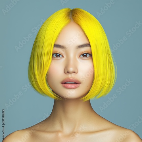 Portrait of a woman of Asian appearance with a yellow short haircut