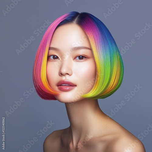 Portrait of a woman of Asian appearance with a rainbow short haircut