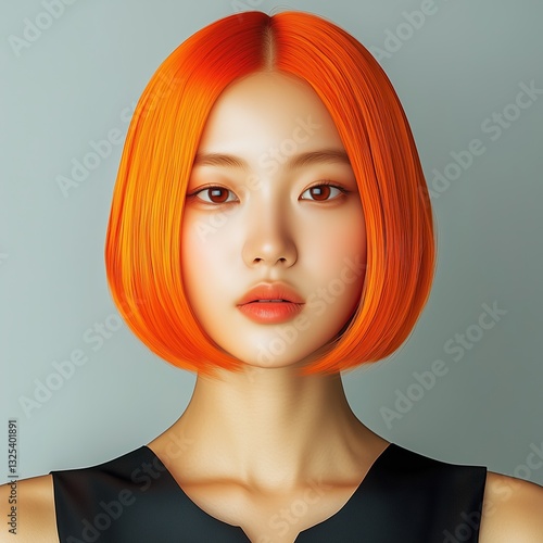 Portrait of a woman of Asian appearance with an orange short haircut