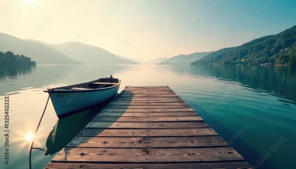 Obraz premium Rustic wooden dock extends over calm lake water, small boat tied , sunlight, blue