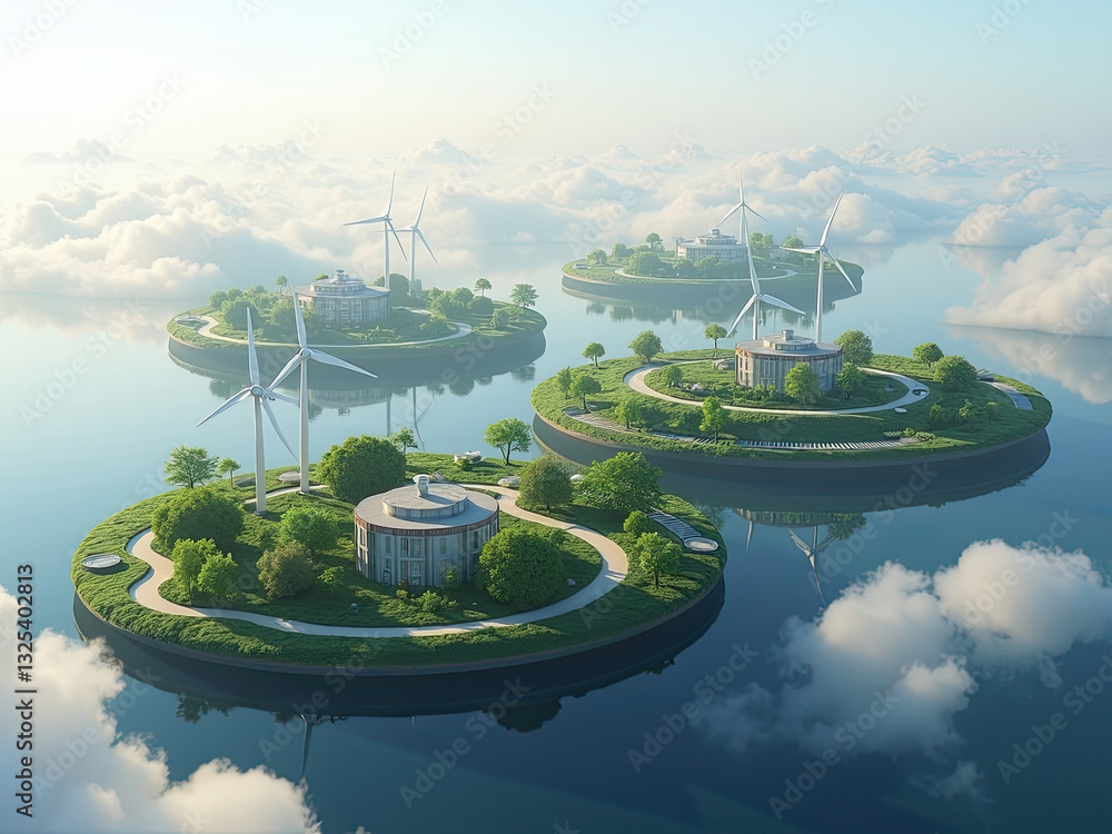 Obraz premium Floating islands with sustainable cities