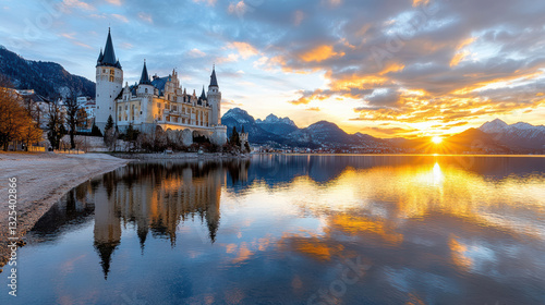 Wallpaper Mural castle resting beside peaceful lake at sunrise, reflecting beauty Torontodigital.ca