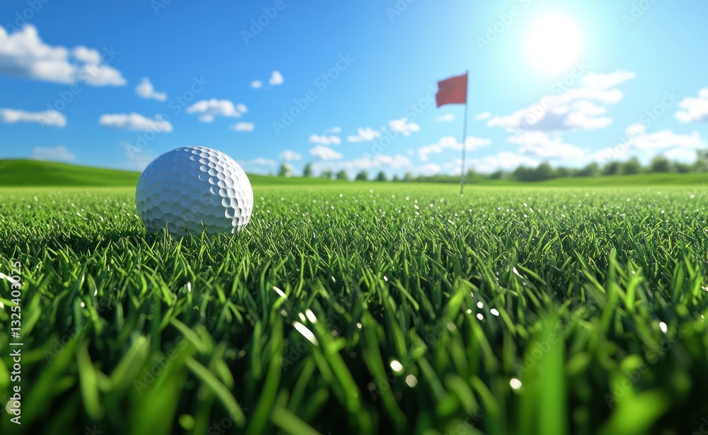Obraz premium Golf ball resting on lush green grass with a bright sunny backdrop