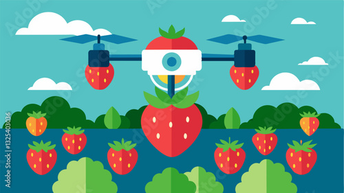 Utilizing machine learning a smart drone is able to analyze data on pest population dynamics and predict potential outbreaks in a strawberry field assisting in the implementation. Vector illustration