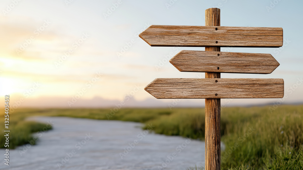 Rustic wooden road sign at crossroads in serene landscape Rustic wooden road sign at crossroads in serene landscape