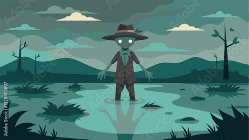 Thick murky water surrounding a lone scarecrow its field long gone.. Vector illustration