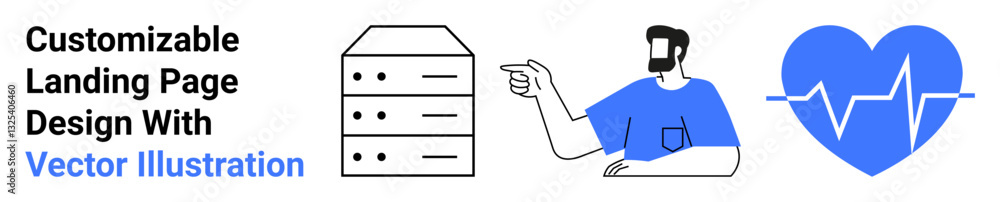 Server rack, man pointing, blue heart with pulse line. Ideal for tech, healthcare, IT management, data storage, diagnostics innovation education. Flat landing page banner Server rack, man pointing, blue heart with pulse line. Ideal for tech, healthcare, IT management, data storage, diagnostics innovation education. Flat landing page banner