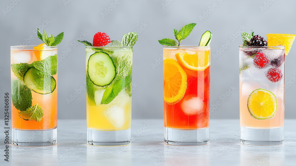 Fototapeta premium A visually captivating arrangement of four exquisitely presented cocktails each showcasing a unique blend of fresh fruits herbs and garnishes for a refreshing and sophisticated drinking experience