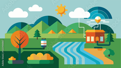 Variable Rate Irrigation A satellite showing a farm with varying zones of irrigation based on crop type soil type and weather conditions all controlled automatically.. Vector illustration