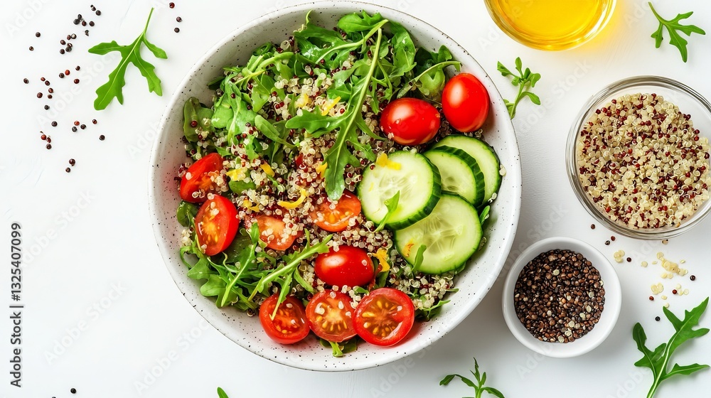 Fresh Salad Bowl with Quinoa and Colorful Vegetables on White Background Perfect for Healthy Eating Promotion and Nutrition Awareness Fresh Salad Bowl with Quinoa and Colorful Vegetables on White Background Perfect for Healthy Eating Promotion and Nutrition Awareness
