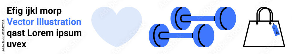 Blue dumbbells, heart icon, and minimal shopping bag with text represent fitness, health, shopping, wellness, motivation, active lifestyle and leisure. Ideal for health apps gyms e-commerce flat