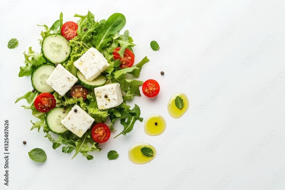 Fresh Salad with Feta Cheese and Olive Oil Drizzle on White Background - Perfect for Culinary Presentations or Healthy Eating Promotions Fresh Salad with Feta Cheese and Olive Oil Drizzle on White Background - Perfect for Culinary Presentations or Healthy Eating Promotions