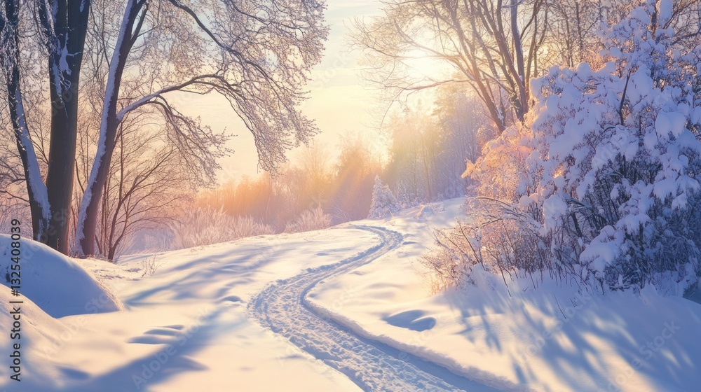 Enchanting Winter Landscape: A Snow-Covered Path Through a Peaceful Forest Enchanting Winter Landscape: A Snow-Covered Path Through a Peaceful Forest