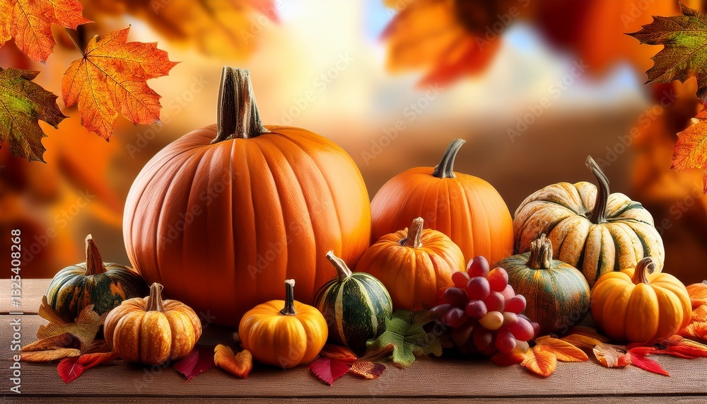 thanksgiving pumpkins with fruits and falling leaves thanksgiving pumpkins with fruits and falling leaves