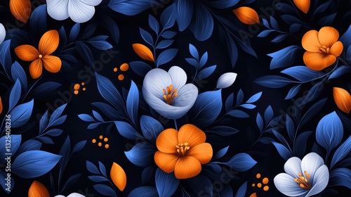 A vibrant floral pattern featuring white, orange, and blue flowers against a dark background, showcasing intricate leaves and blossoms.