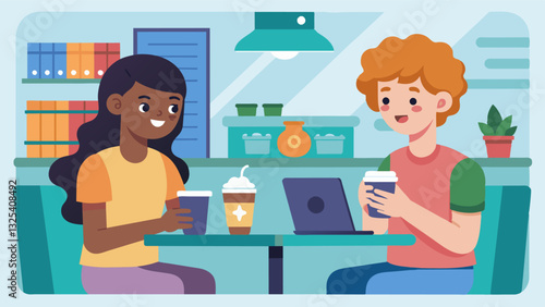 In a bustling coffee shop a pair of teenagers sip on lattes while discussing the best way to incorporate customizable options into their games interface.. Vector illustration