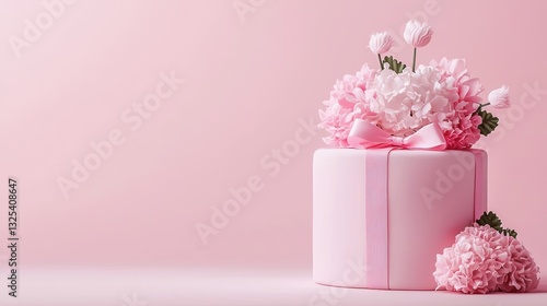 A pastel pink gift box adorned with flowers, creating a charming and festive atmosphere.