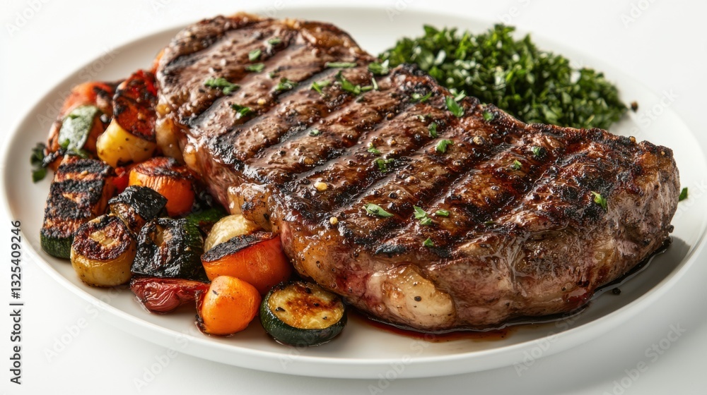 Gourmet ribeye steak plated with grilled vegetables, Gourmet ribeye steak plated with grilled vegetables,