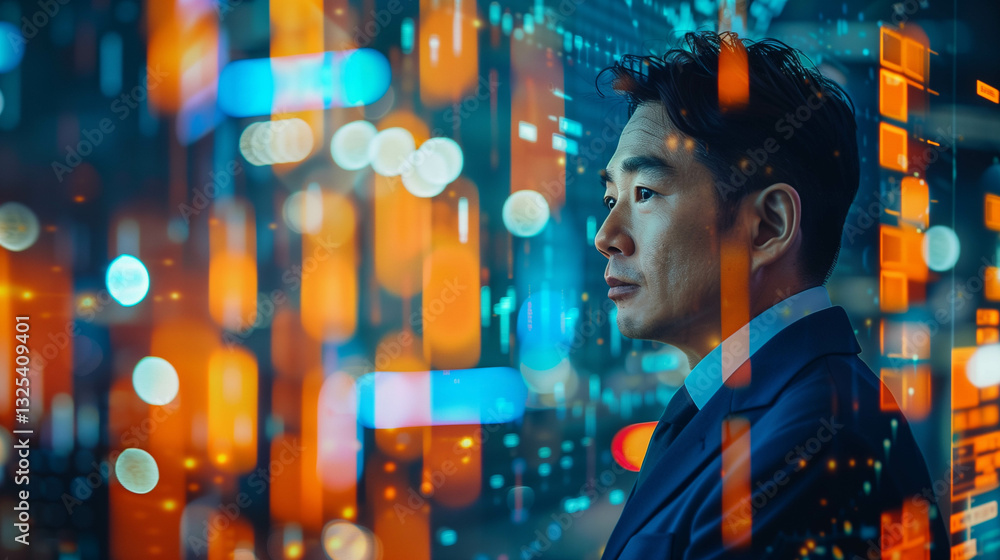 Businessman analyzing stock market data with futuristic financial graphs overlay Businessman analyzing stock market data with futuristic financial graphs overlay