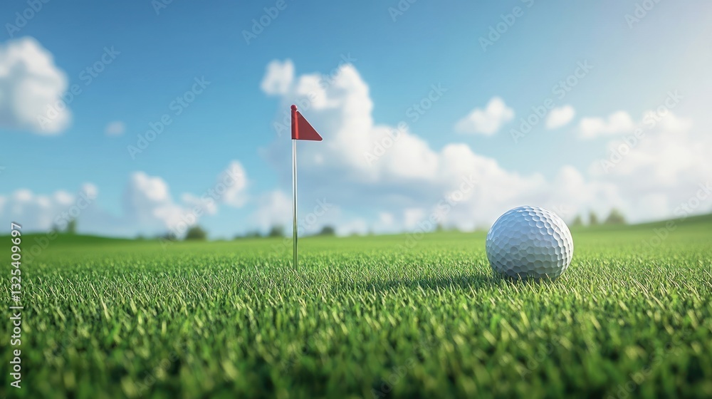 Obraz premium Golf ball on the green near the hole with red flag under the blue sky