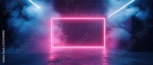 A vibrant neon-lit space with a rectangular glow surrounded by mist, creating a futuristic and immersive atmosphere.
