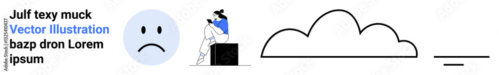 Fototapeta premium Person sitting on a cube looking at laptop with sad face emoticon, speech bubble, and text. Ideal for emotion, communication, technology, online activity, mental health, social media and content