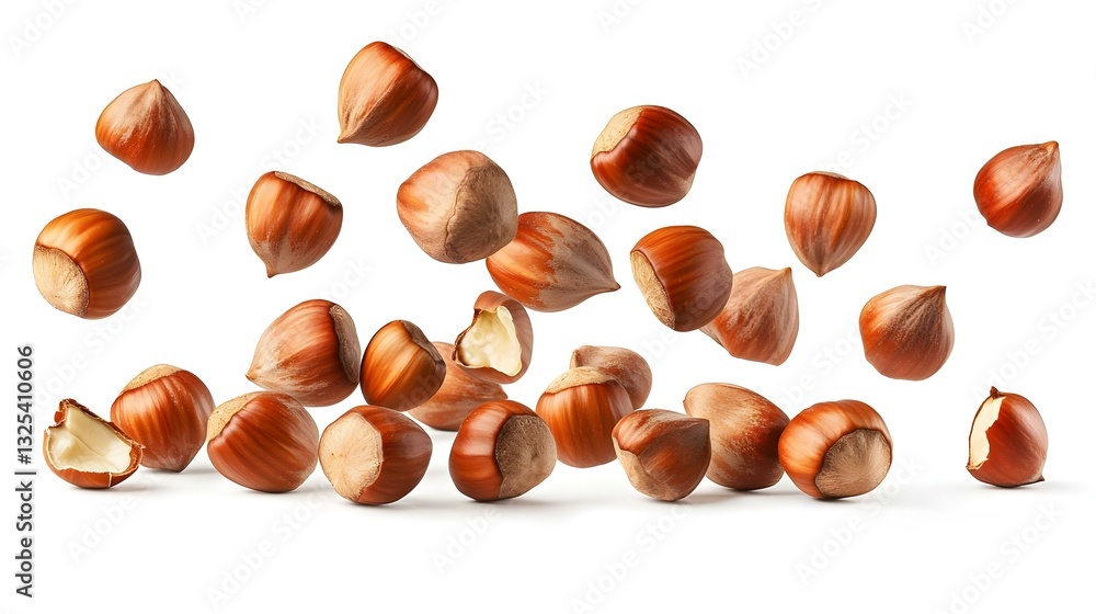 Falling hazelnuts isolated on white background Falling hazelnuts isolated on white background