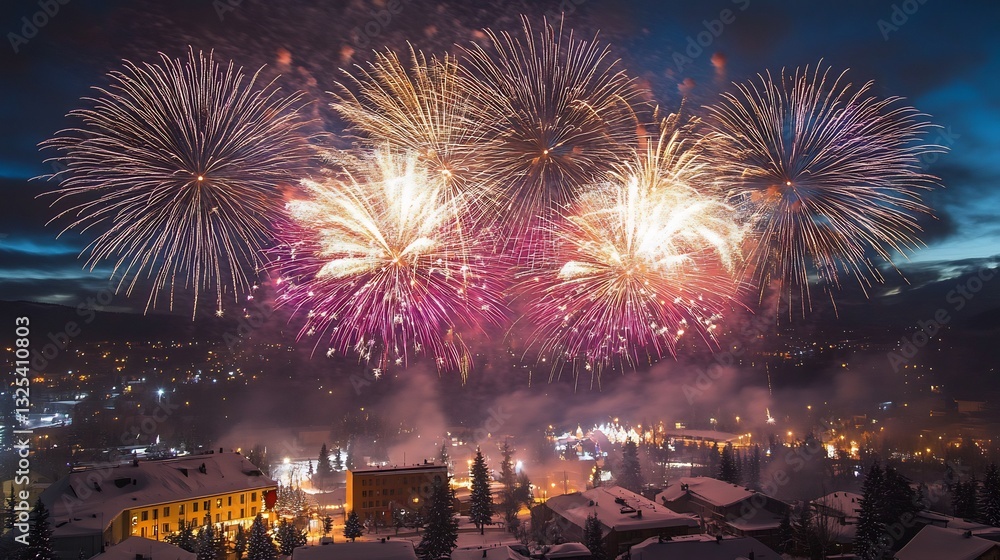 Obraz premium Fireworks lighting up sky on Christmas night A dazzling display of fireworks celebrating Christmas over a snowy town