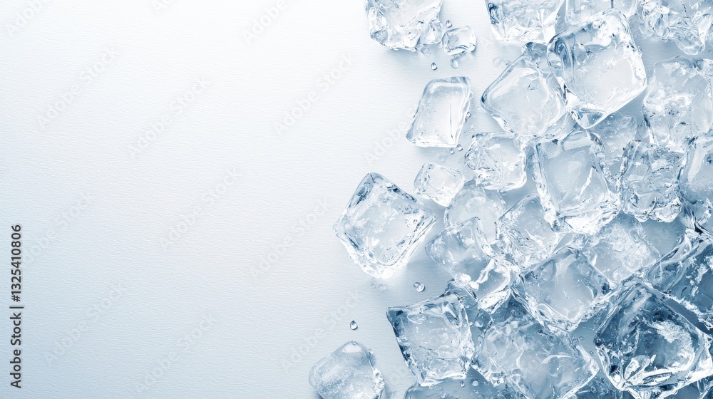 A close-up view of clear ice cubes scattered over a light surface, highlighting their texture and transparency. A close-up view of clear ice cubes scattered over a light surface, highlighting their texture and transparency.