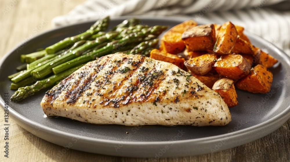 Grilled chicken breast on a plate with a side of roasted Grilled chicken breast on a plate with a side of roasted