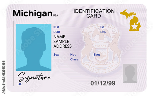 Michigan identification card isolated on white background. Person State ID.