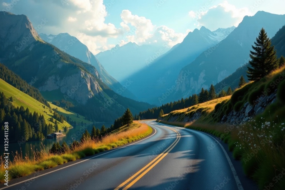 Naklejka premium Serpentine mountain road, soft focus background, peaks, rural, exploration