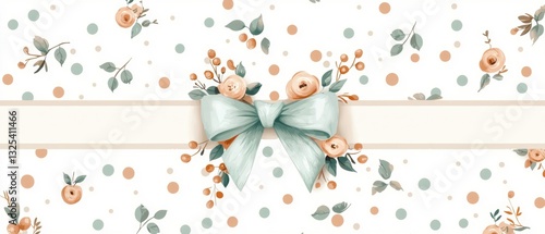 A delicate floral pattern featuring soft colors, a central bow, and gentle polka dots, perfect for invitations or decorative purposes.