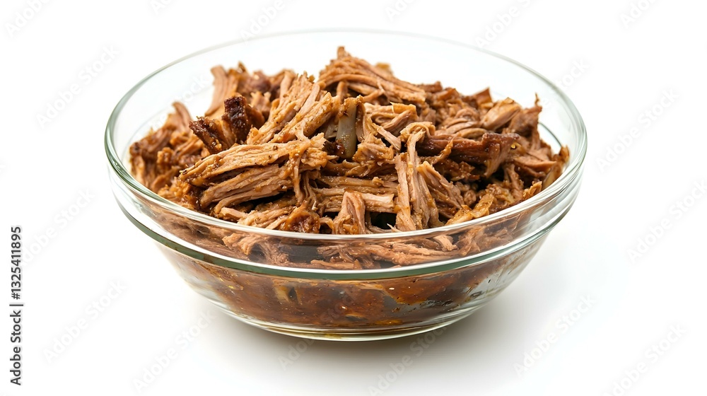 Glass bowl with pulled pork on white Glass bowl with pulled pork on white