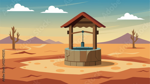 The well stands as a solitary structure in the barren landscape a symbol of the severity of the water shortage.. Vector illustration