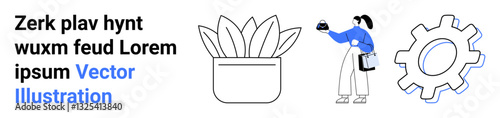 Person holding watering can nurturing potted plant, accompanied by gear emphasizing teamwork, progress, creativity, and innovation. Ideal for business growth, teamwork, productivity, nature
