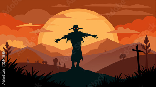 The sun sets behind the hills casting a hazy orange glow over the scarecrows ragged form. It stands silhouetted against the dying light a haunting image of a dying industry.. Vector illustration