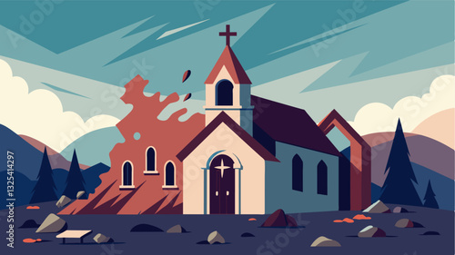 The village church once a symbol of hope and faith now lies in ruins with its stained glass windows shattered and pews overturned in the aftermath of violence.. Vector illustration