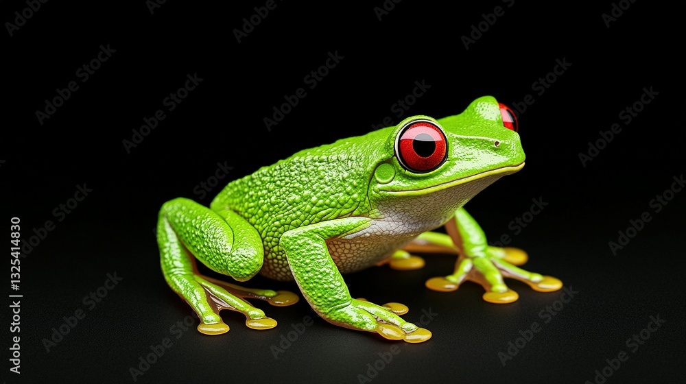 A vibrant green frog with bright red eyes against black background A vibrant green frog with bright red eyes against black background
