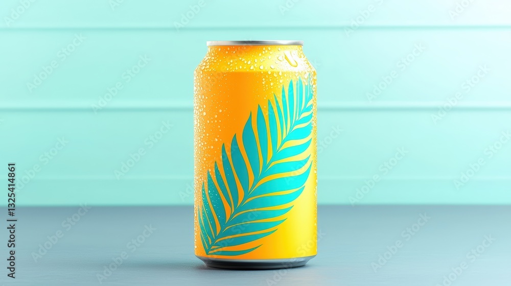 Fototapeta premium Vibrant soda can mockup featuring bright orange and green label design on a reflective surface in a dynamic setting