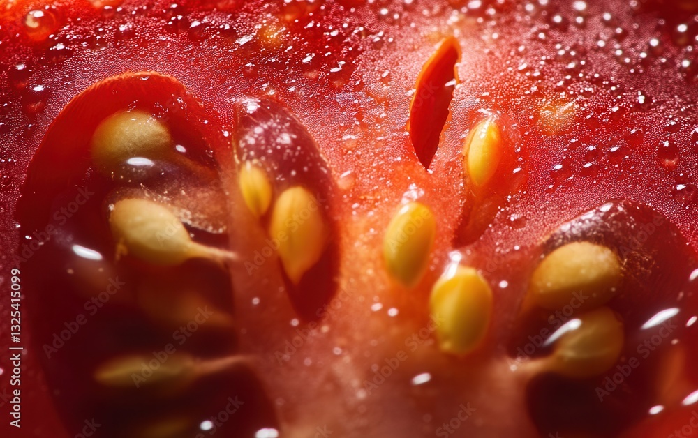 Vibrant macro shot of a fresh organic tomato, highlighting its juicy texture and rich red color. A perfect close-up for food, health and organic lifestyle themes. Vibrant macro shot of a fresh organic tomato, highlighting its juicy texture and rich red color. A perfect close-up for food, health and organic lifestyle themes.