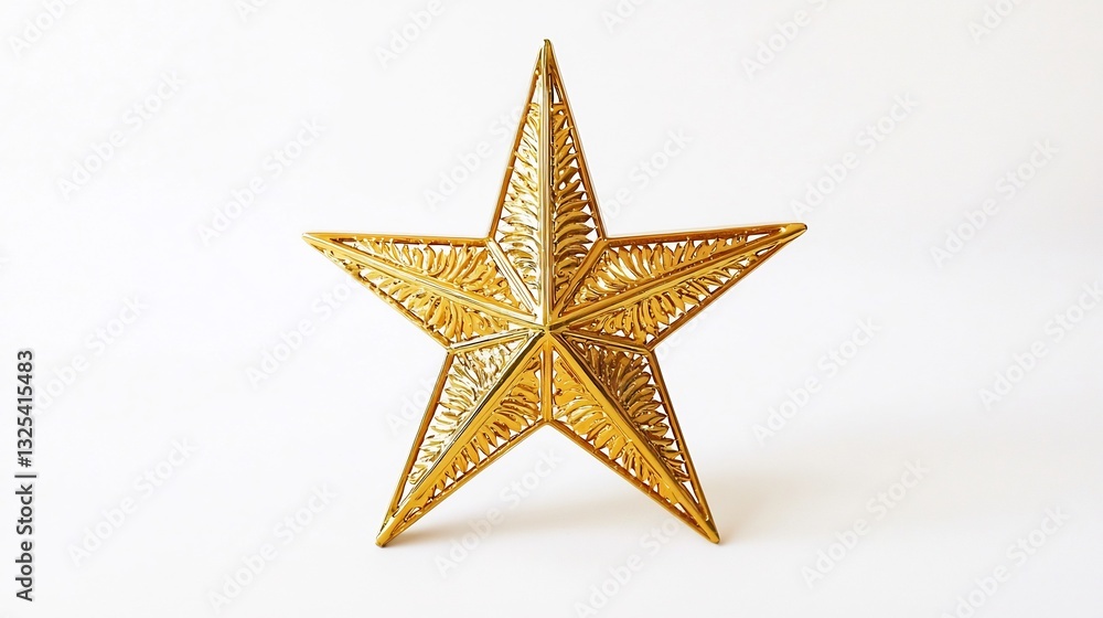 Fototapeta premium Gleaming golden star tree topper detailed engravings set alone on a white background for a minimalist effect