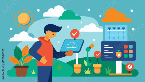 Using smart weather forecasting tools to plan and schedule tasks such as planting harvesting and spraying based on upcoming weather conditions.. Vector illustration