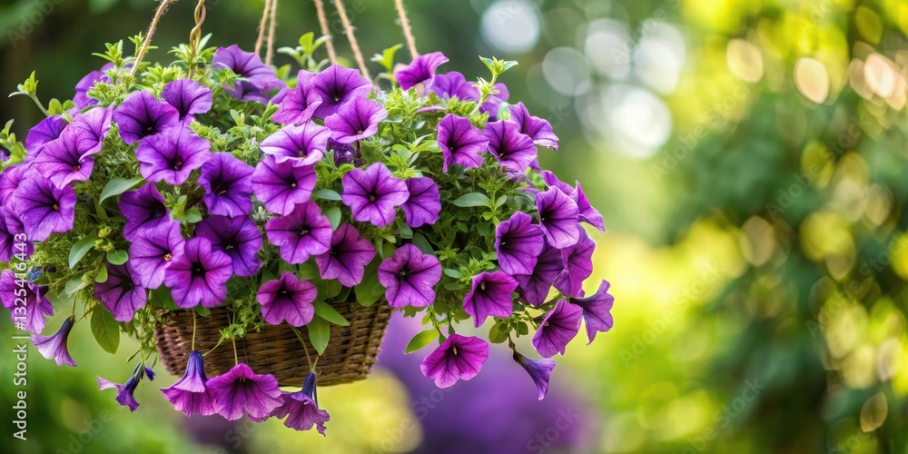 Obraz premium Lush purple petunias cascading from a hanging basket with green foliage , petunias, hanging basket, flowers, purple, lush