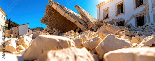 Devastation After Earthquake Ruined Building Amidst Blue Sky and Scattered Debris in Natural Disaster's Aftermath