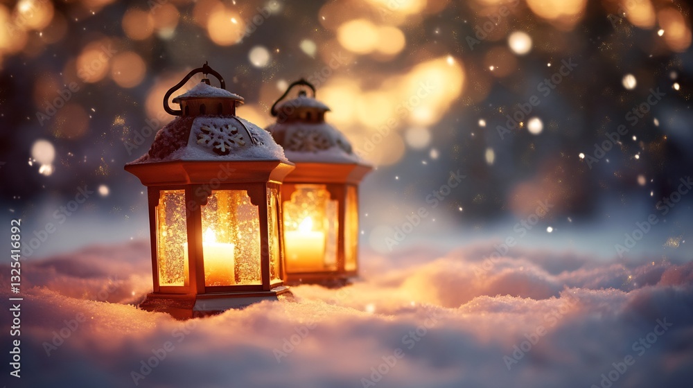 Glowing holiday lanterns warm and festive Christmas setting with traditional lanterns casting a soft golden glow in the snow Glowing holiday lanterns warm and festive Christmas setting with traditional lanterns casting a soft golden glow in the snow