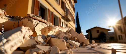 Earthquake Aftermath Debris Landscape Showing Building Damage in Italian Town at Sunset Creating Dramatic Lighting